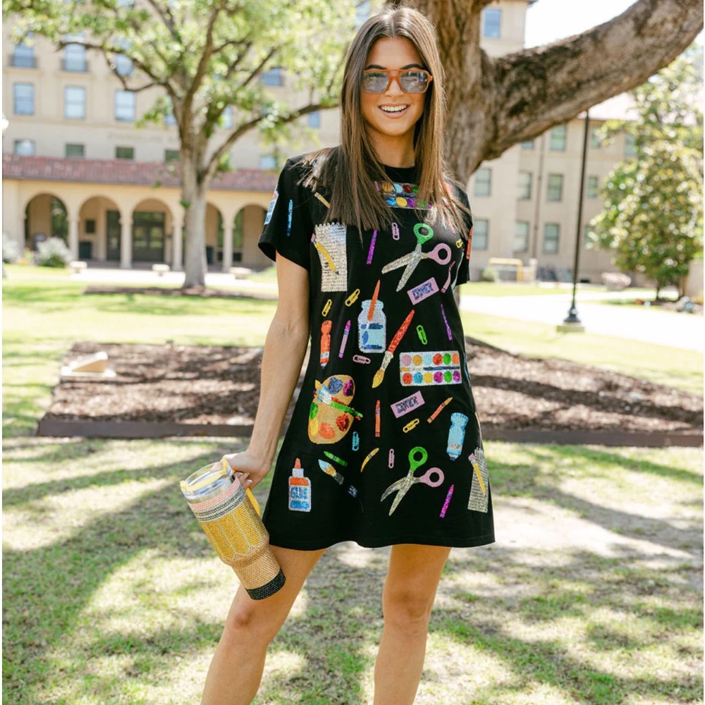 Queen of Sparkles Black Multi School Supplies Tee Dress